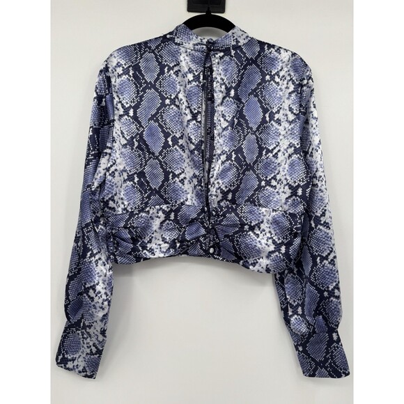 Topshop Python Snake Print Satin Crop Top Navy Mock Neck Long Sleeve Chic Blouse - Picture 3 of 11